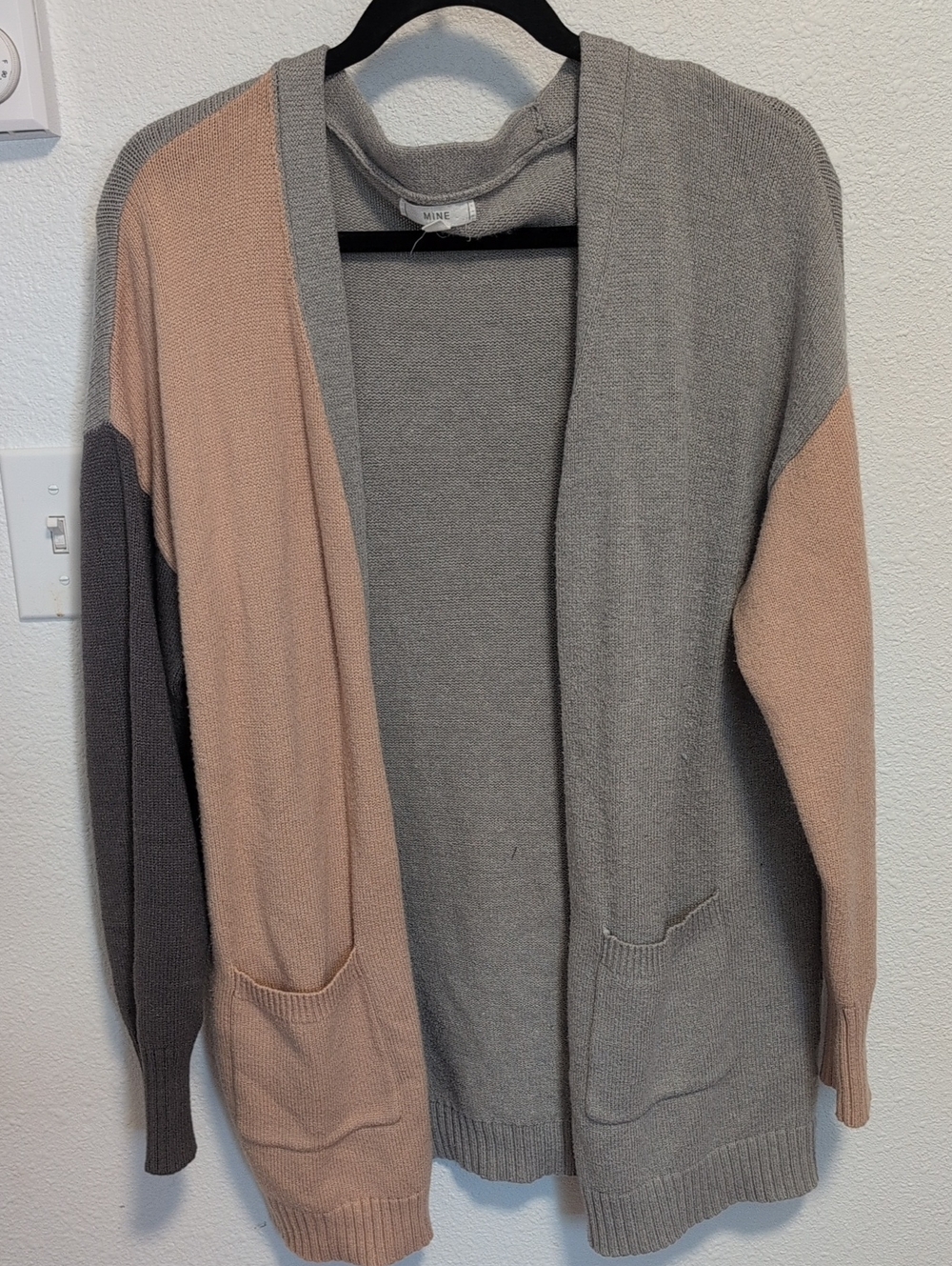 MINE Two-Tone Open Front Cardigan in Gray and Blush